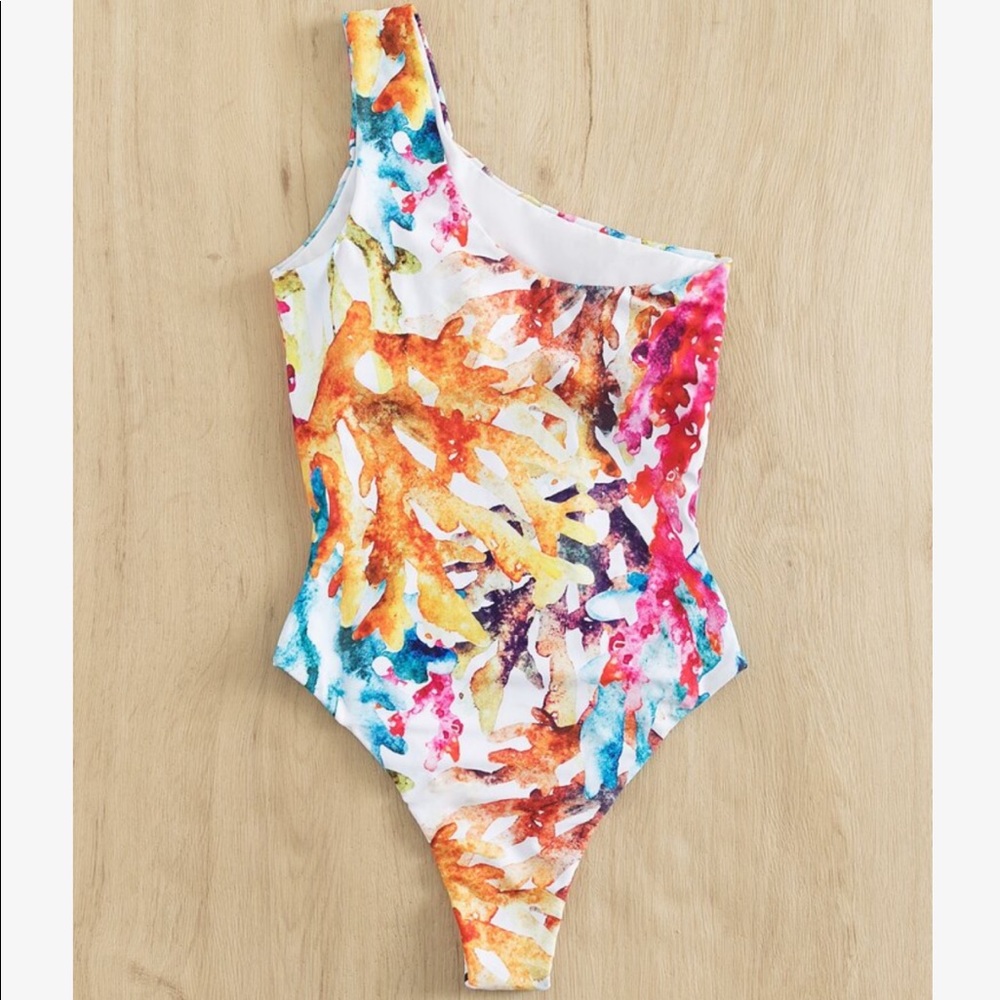 Boho Watercolor Floral Print One Shoulder Monokini One Piece Swimsuit - Picture 2 of 5